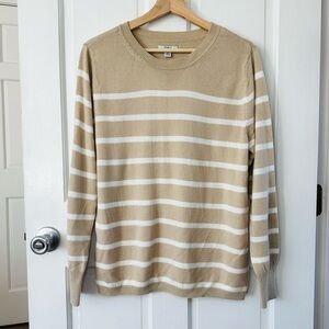 Croft & Barrow Tan & White Striped Crew Neck Sweater Preppy Classic Size M